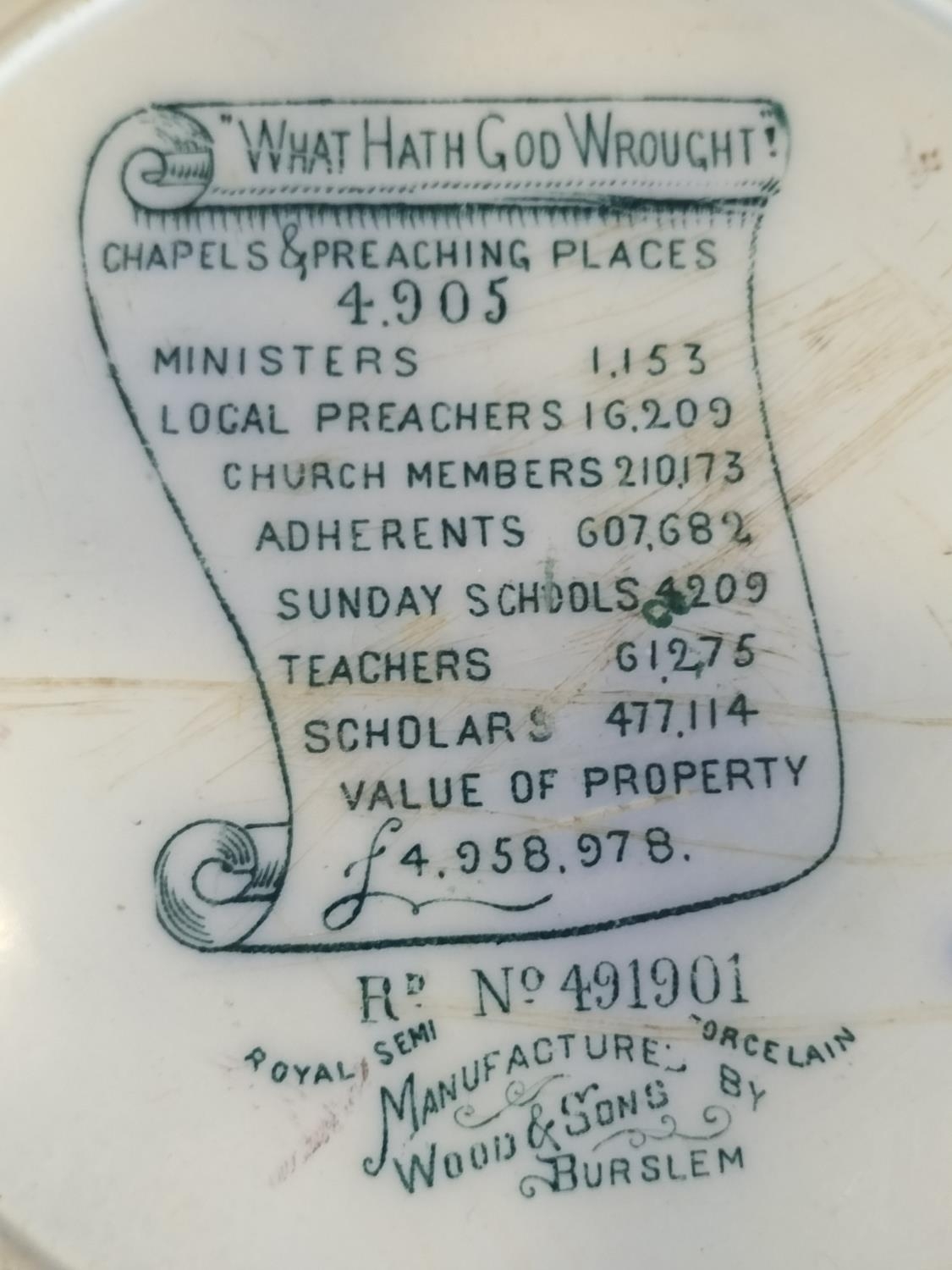 Primitive Methodist statistics on back of centenary plate 1907 Primitive Methodist statistics on back of centenary plate 1907