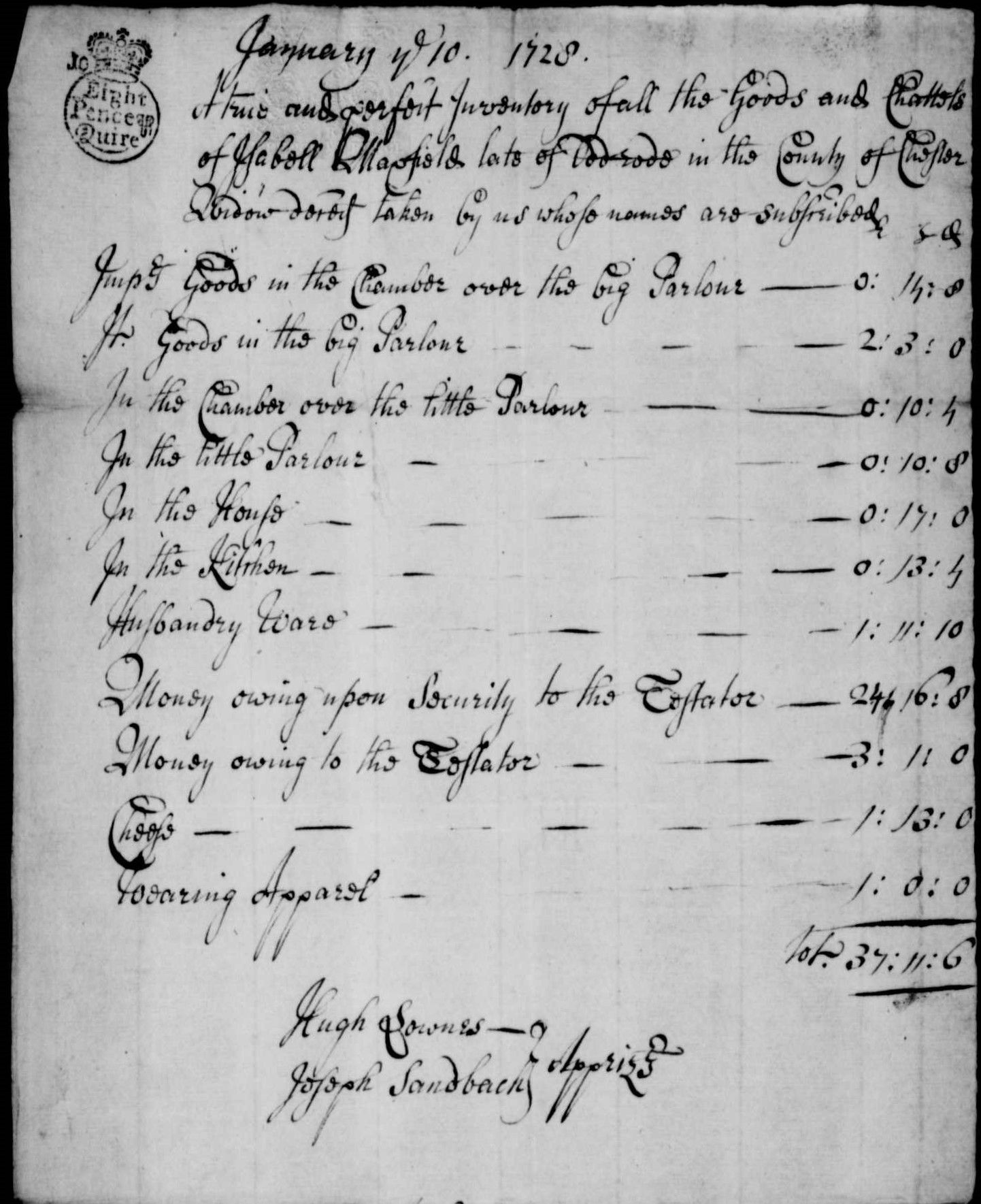 Isabel Maxfield's inventory 1728/29 Isabel Maxfield's inventory 1728/29