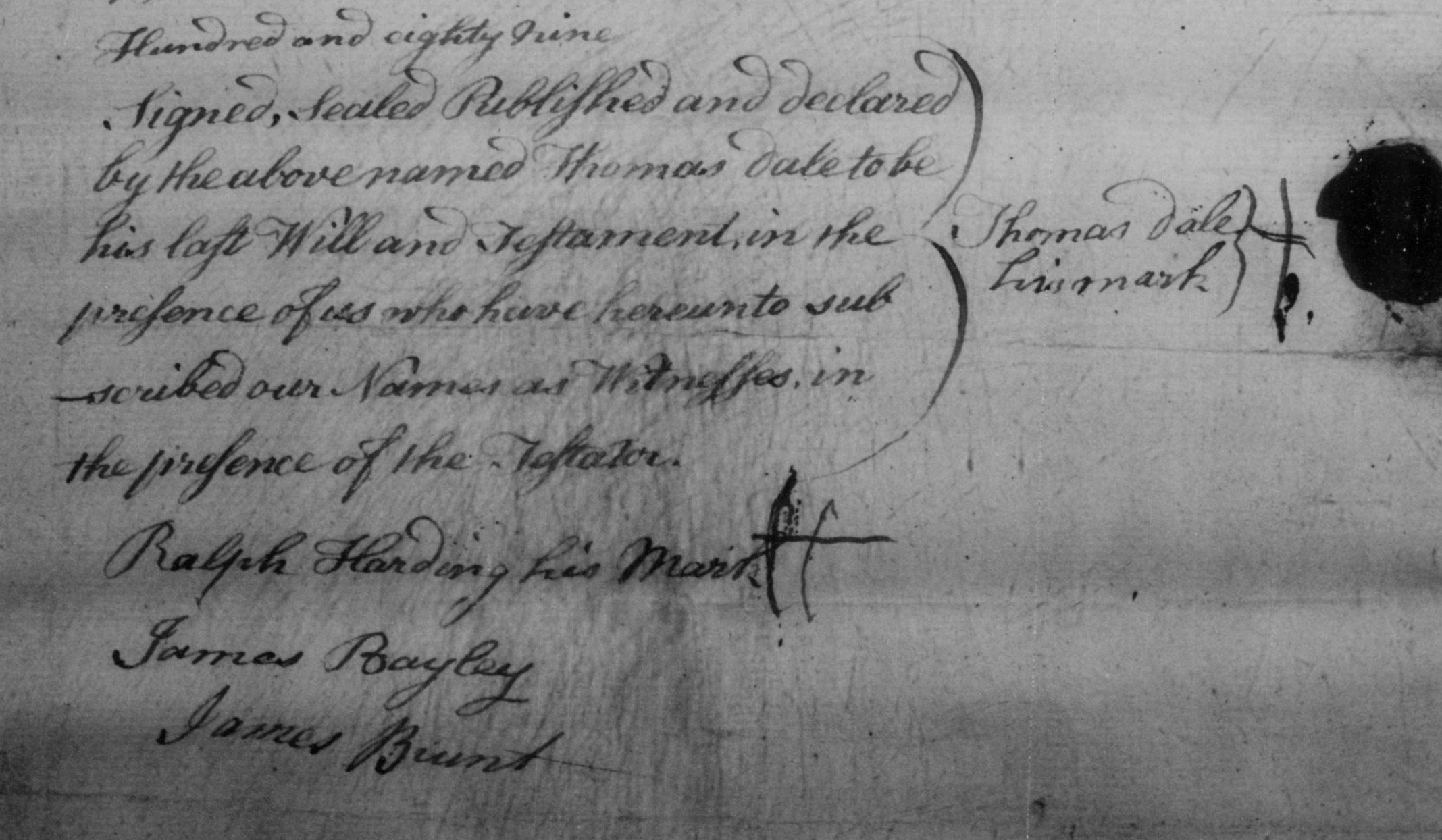 Signature and witnesses to Thomas Dale's will 1789 Signature and witnesses to Thomas Dale's will 1789